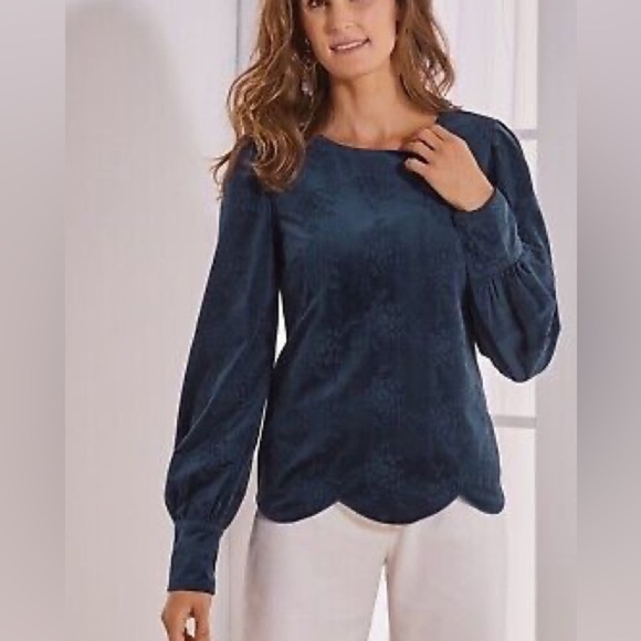 Soft Surroundings Tops - Soft Surroundings Embroidery Velvet Scallop Hem Long Sleeve Top Sz M